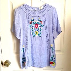 Umgee Blouse Women Medium Top Blue Purple Woven Embroidery Flowers Short sleeve